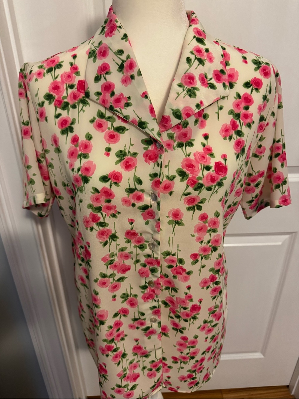 Cottagecore Floral Pink Cream Short-Sleeve Button Front Top